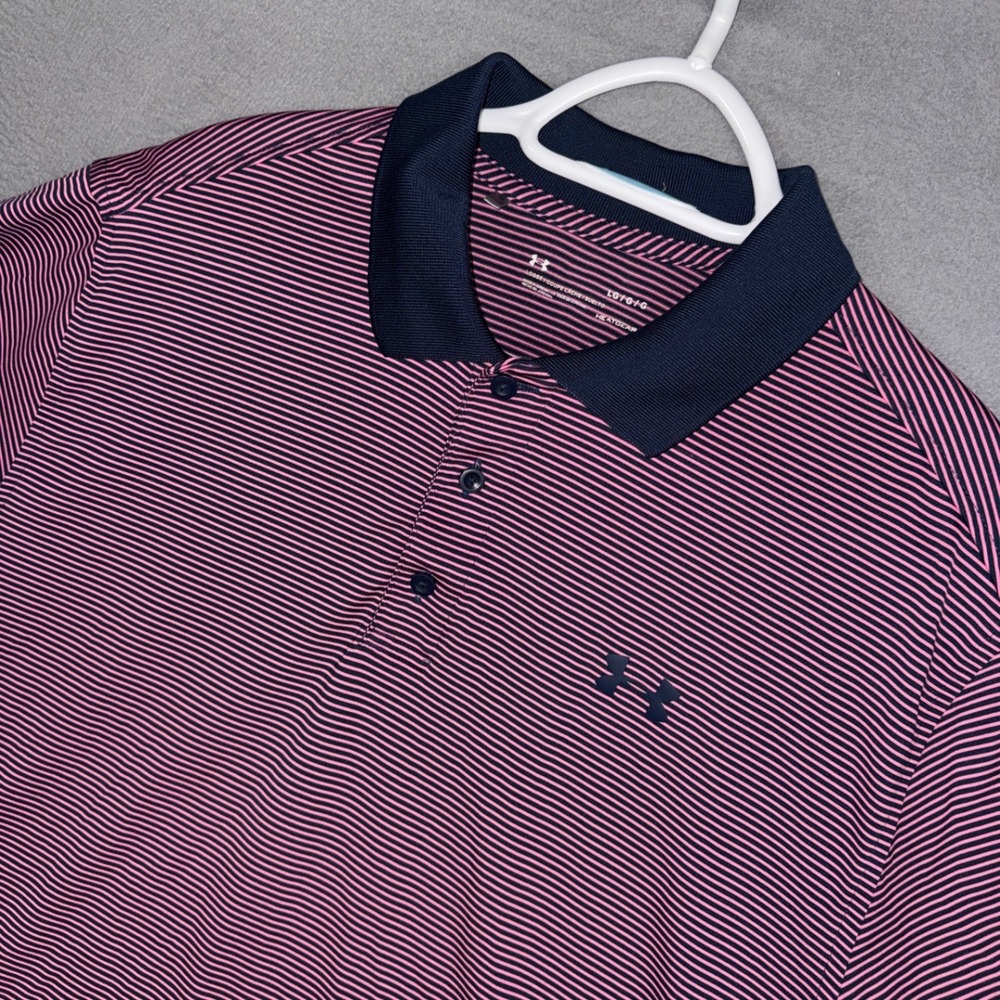 Under Armour Polo Shirt Mens Large Pink Striped Loose Fit HeatGear Stretch Golf
